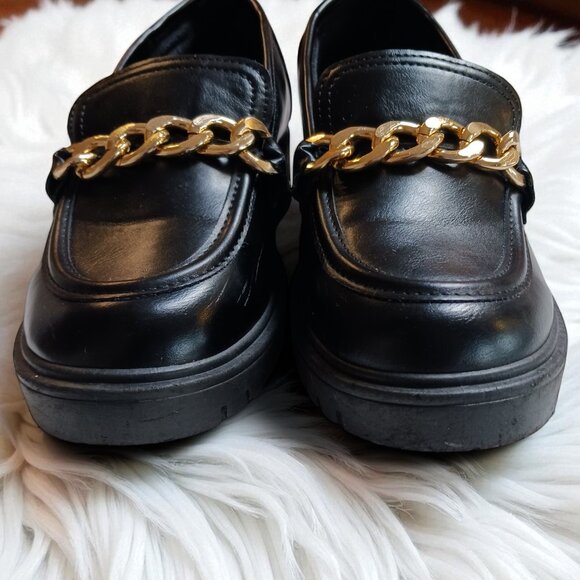 Streetwear Society Black Chunky Loafers Gold Chain Slip-On Lug  Heels Size 7 - Picture 7 of 12